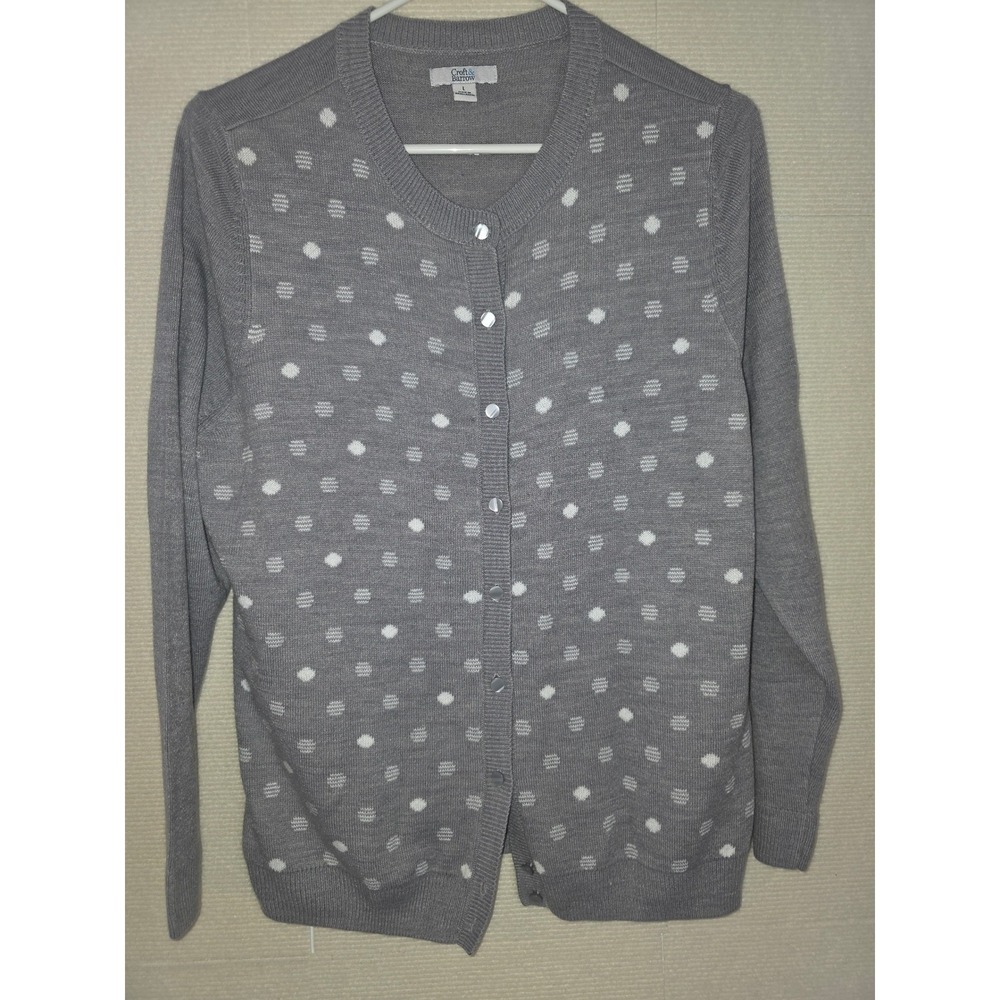 Croft & Barrow Womens Gray Polka Dot Button Front Cardigan Sweater Size L